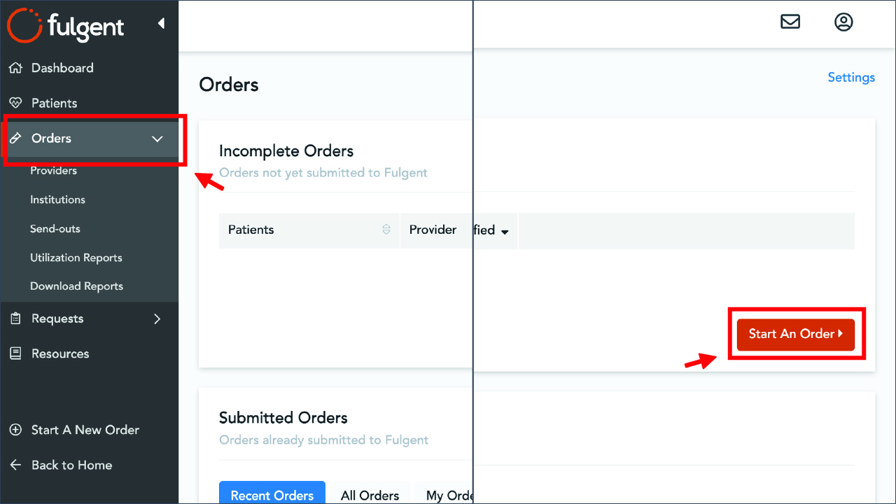 In dashboard home screen, one arrow is pointing at the sidebar Orders tab, and a second arrow pointing at the button Start an Order