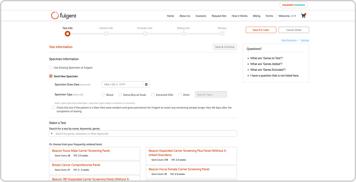 Ordering process screen