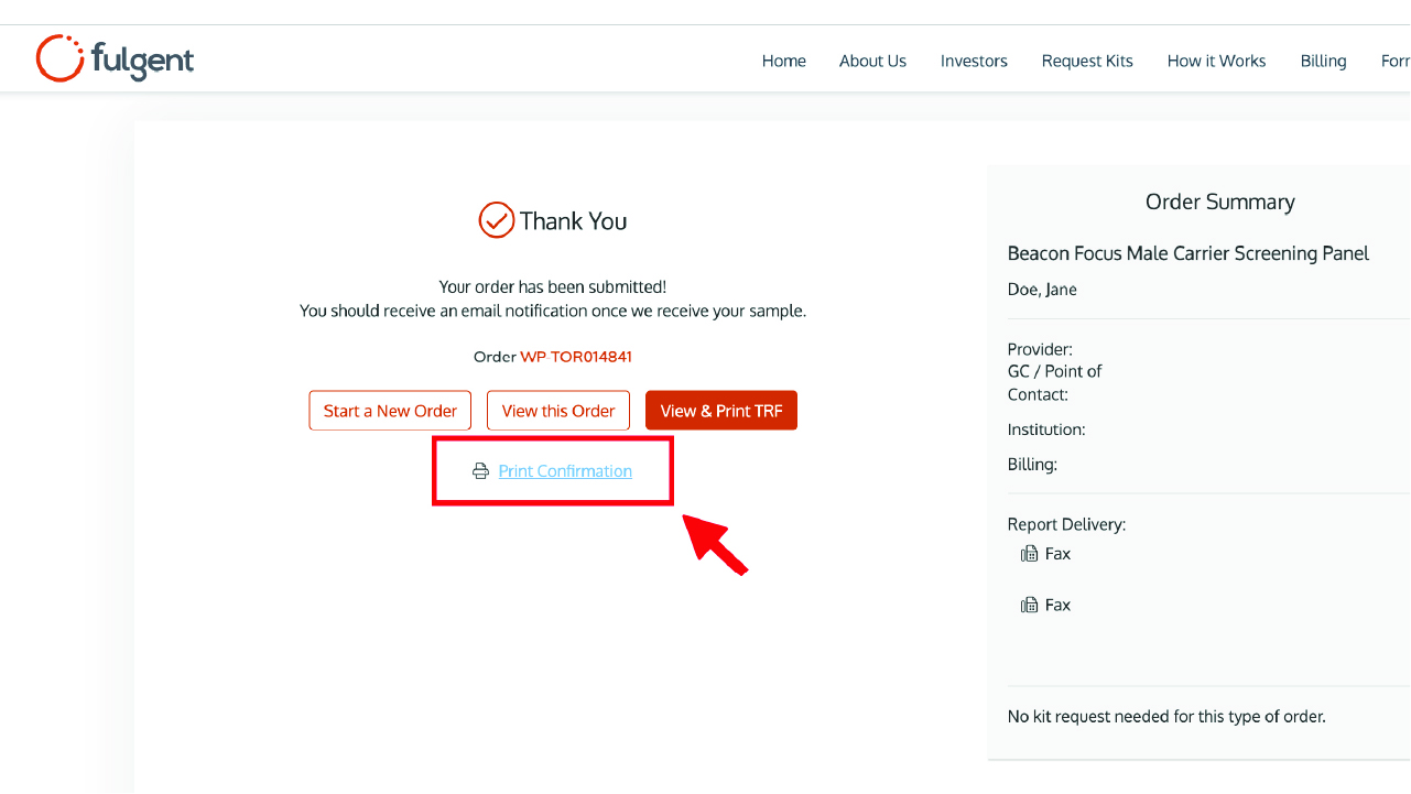Order completed screen, an arrow is pointing at the Print Confirmation link