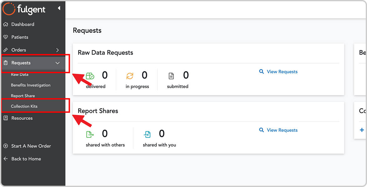 In dashboard home screen, one arrow is pointing at the sidebar Requests tab, and a second arrow pointing at the Collection kit tab